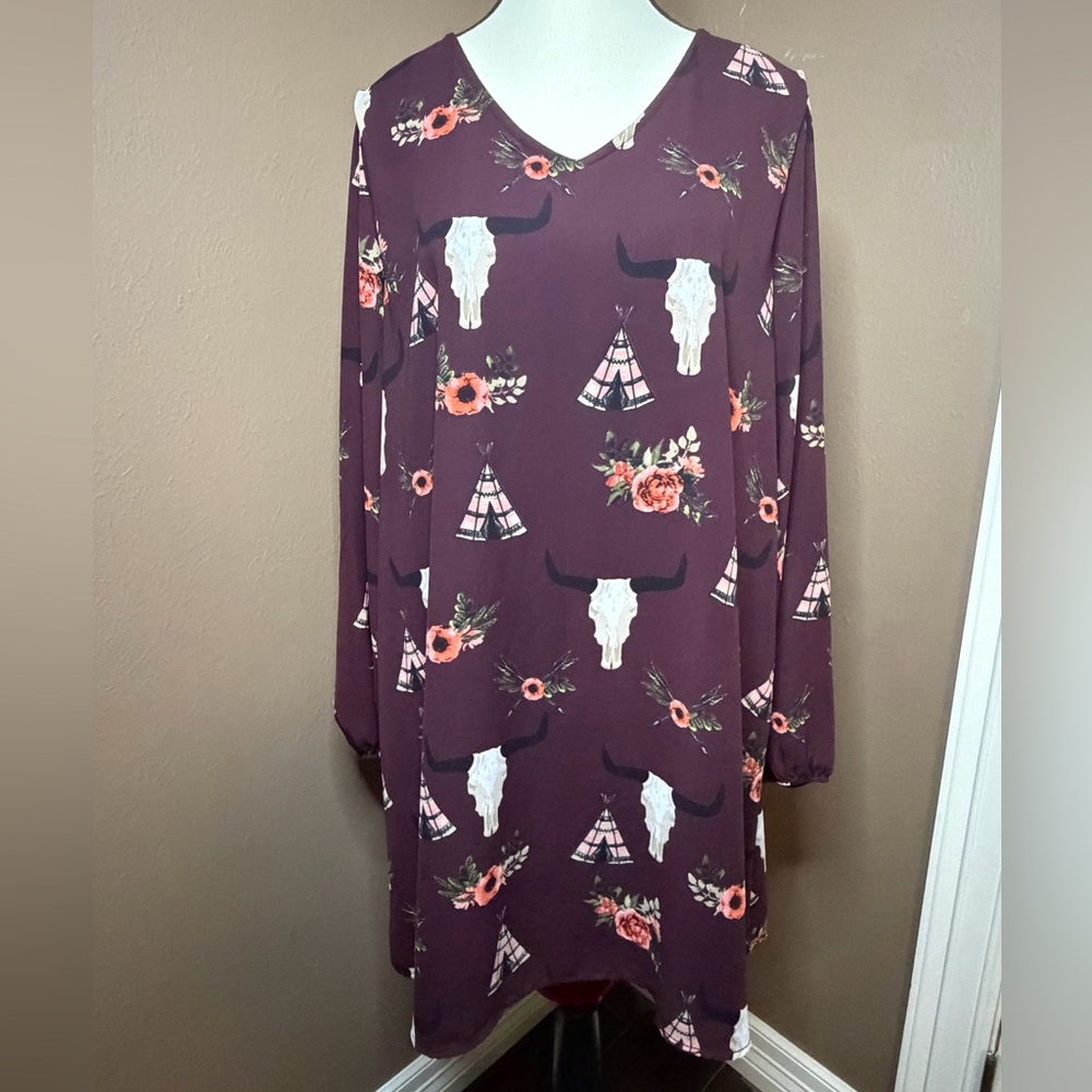 Berry N Cream Dark Purple Western Floral Cow Skull V-neck Midi Dress Size Large